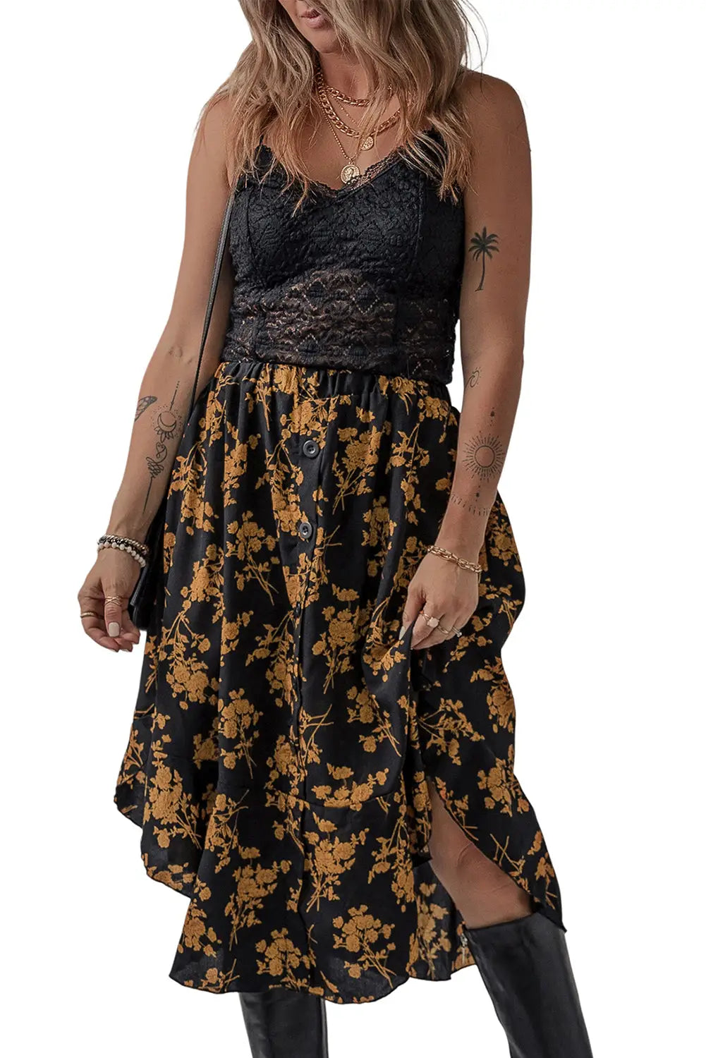 Black Printed Elastic Waist Button Decor Floral Ruffle Skirt-5