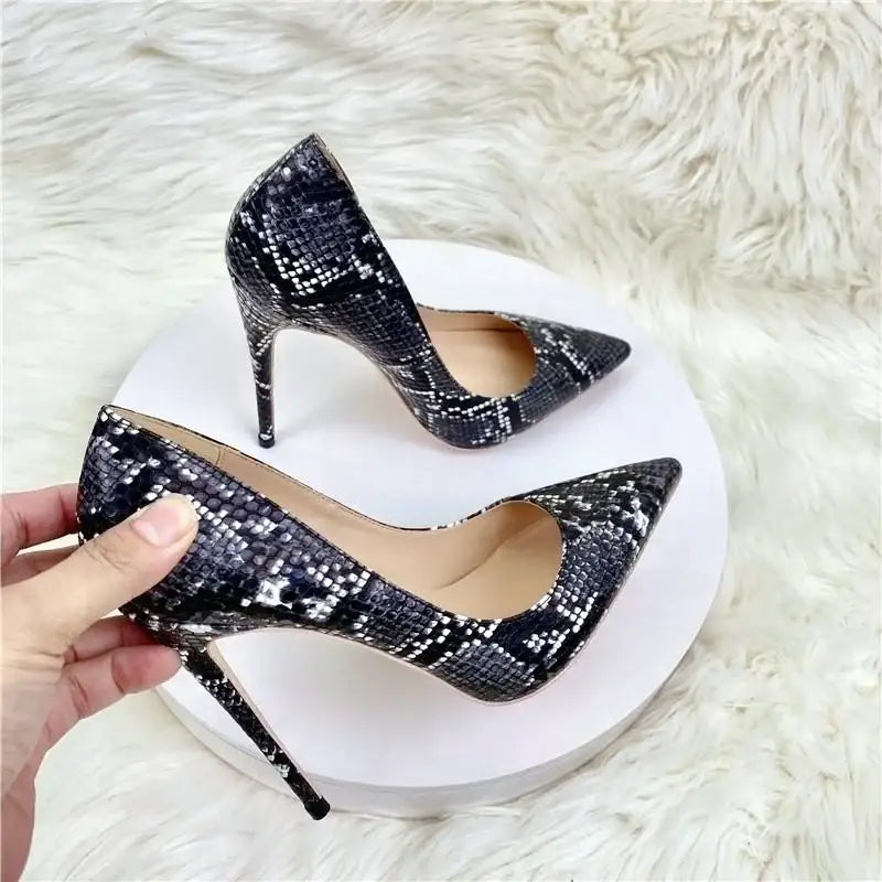 Black Snake Skin Pattern High Heel Stiletto Shoes-4