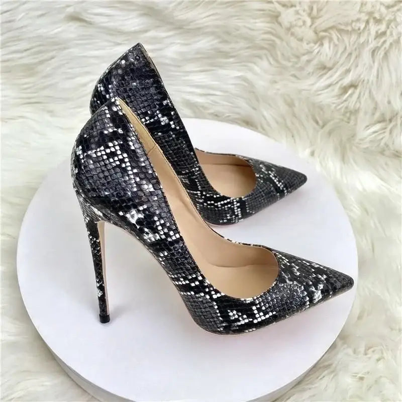 Black Snake Skin Pattern High Heel Stiletto Shoes-5