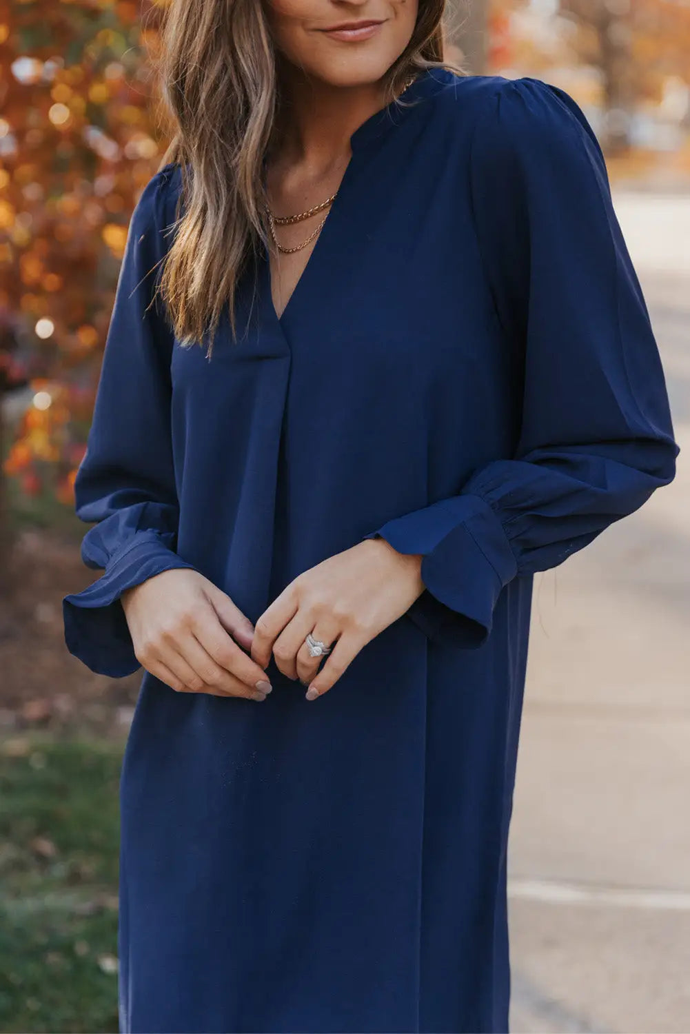 Black Split V Neck Ruffled Sleeves Shirt Dress-80