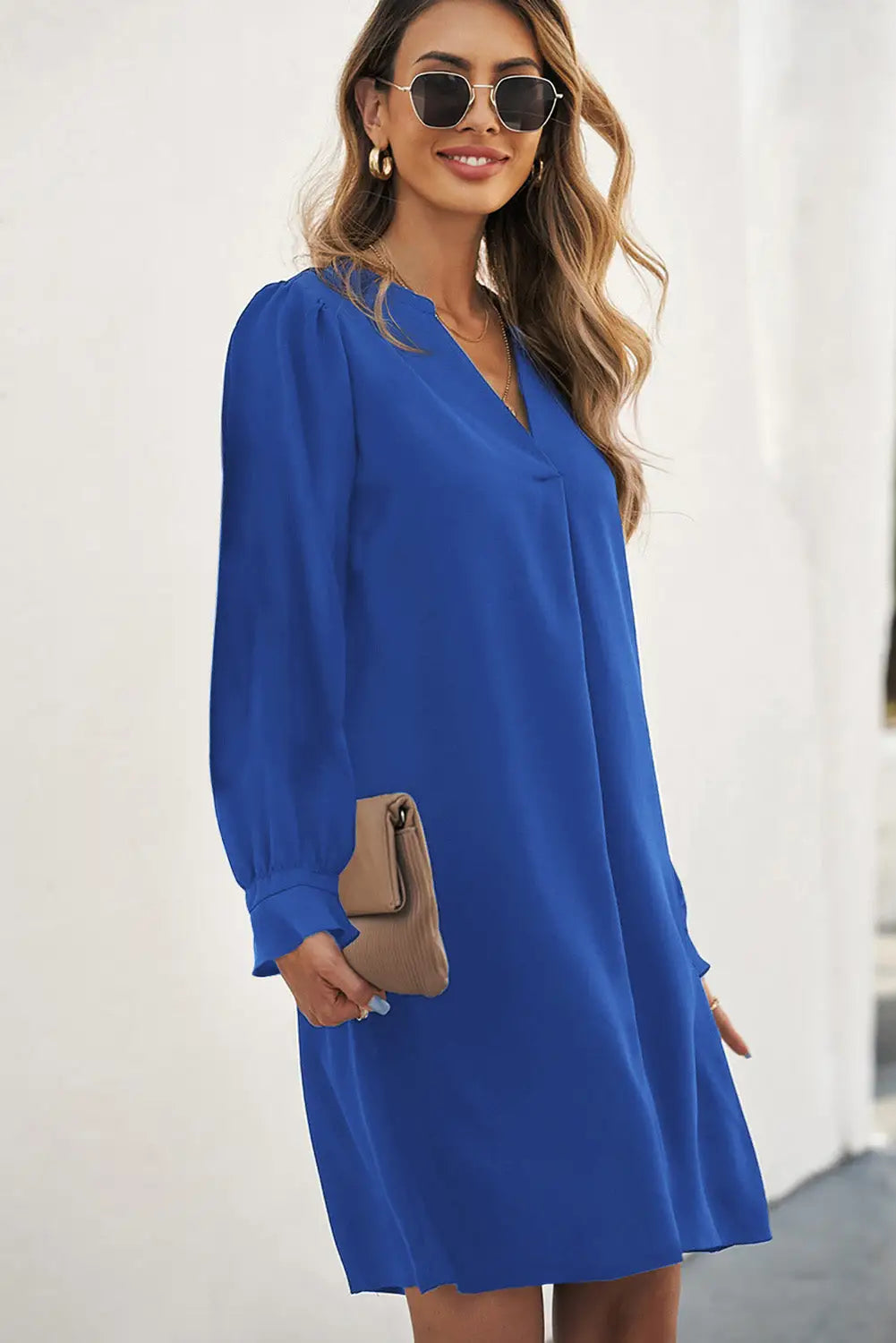 Black Split V Neck Ruffled Sleeves Shirt Dress-51