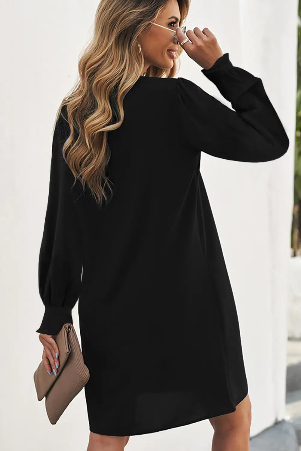 Black Split V Neck Ruffled Sleeves Shirt Dress-3