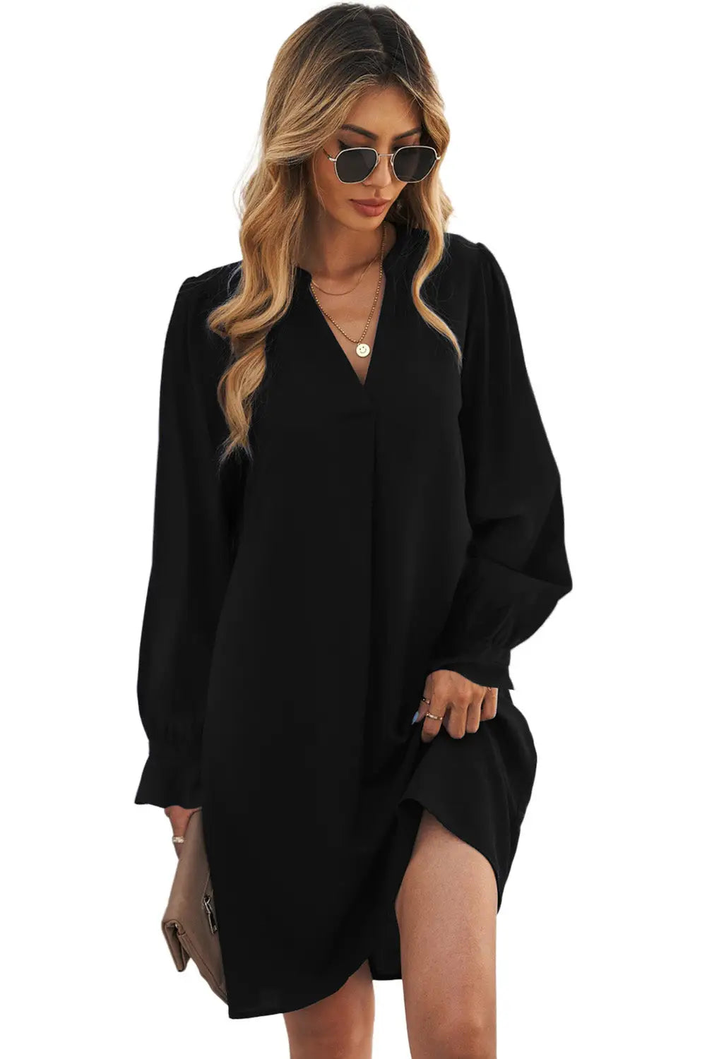 Black Split V Neck Ruffled Sleeves Shirt Dress-8