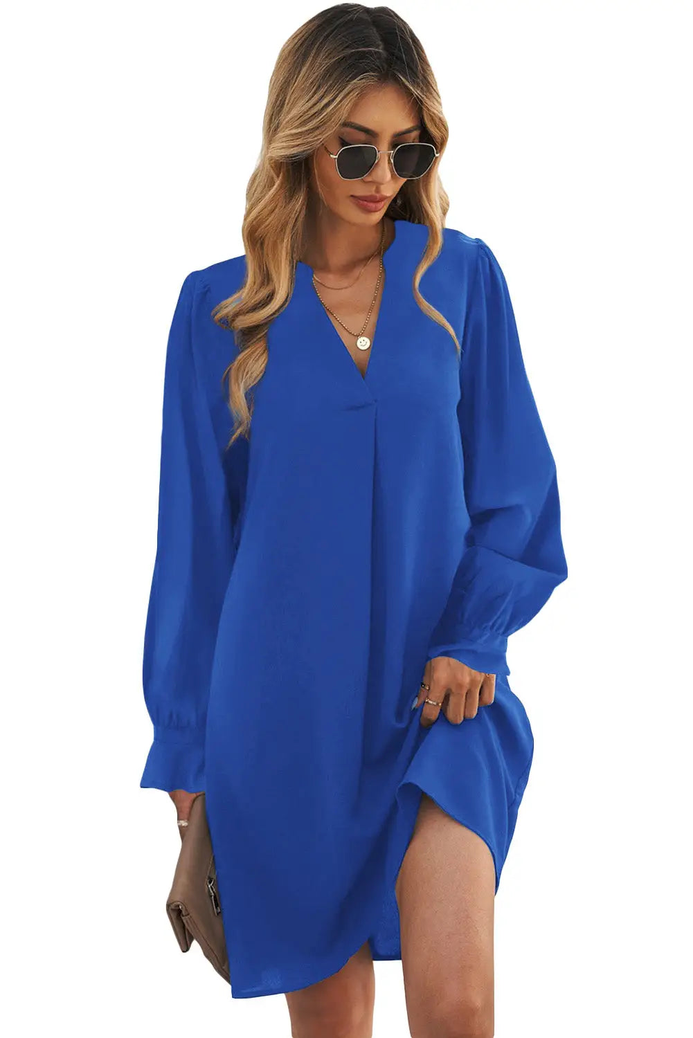 Black Split V Neck Ruffled Sleeves Shirt Dress-53