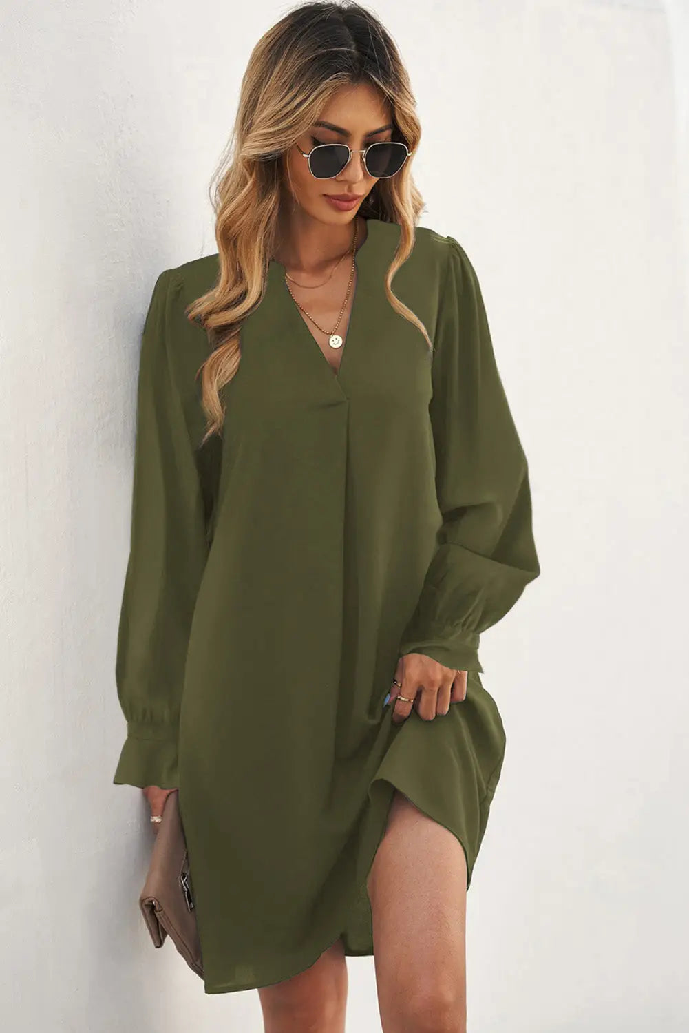 Black Split V Neck Ruffled Sleeves Shirt Dress-17