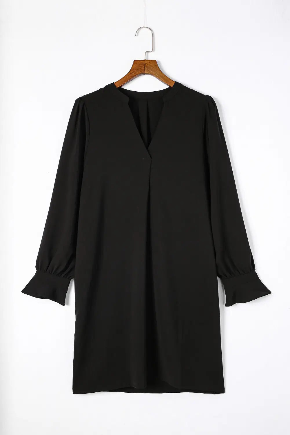 Black Split V Neck Ruffled Sleeves Shirt Dress-4