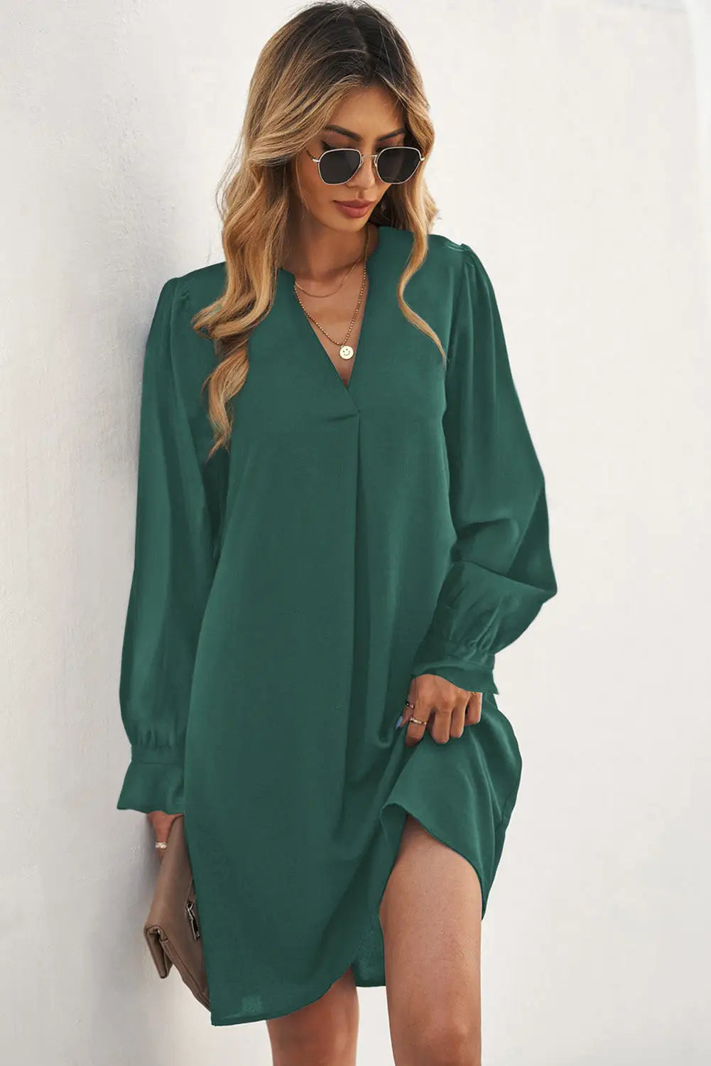 Black Split V Neck Ruffled Sleeves Shirt Dress-27