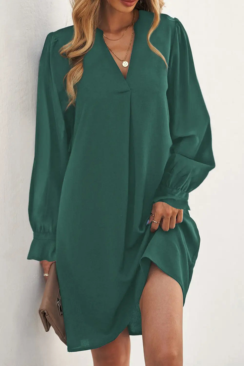 Black Split V Neck Ruffled Sleeves Shirt Dress-26