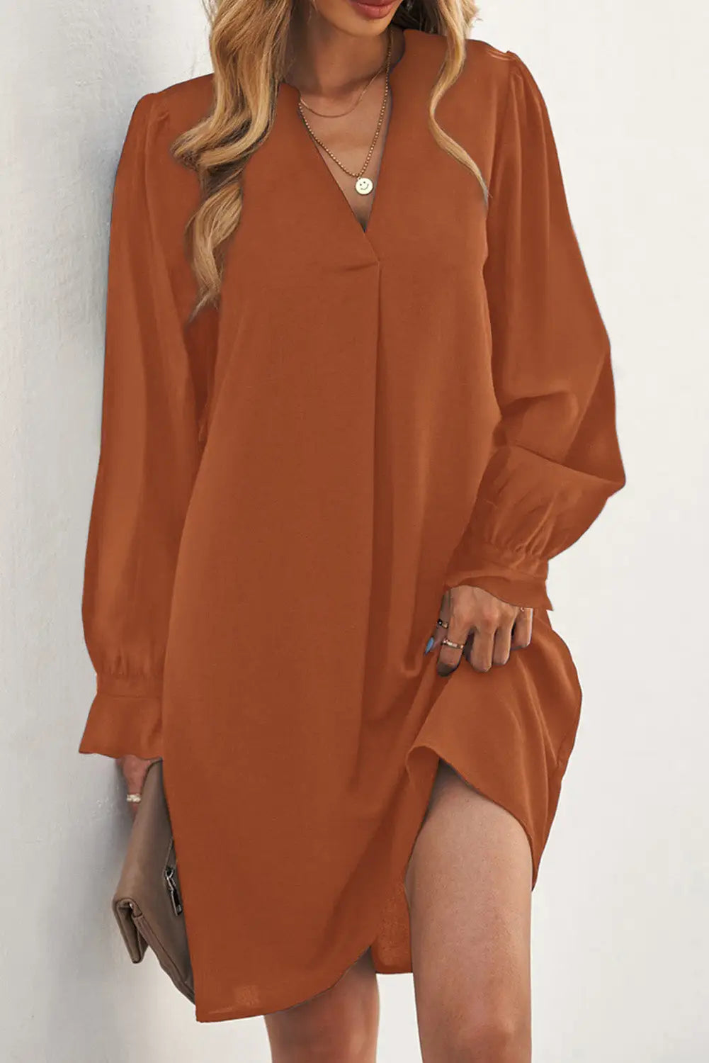 Black Split V Neck Ruffled Sleeves Shirt Dress-61