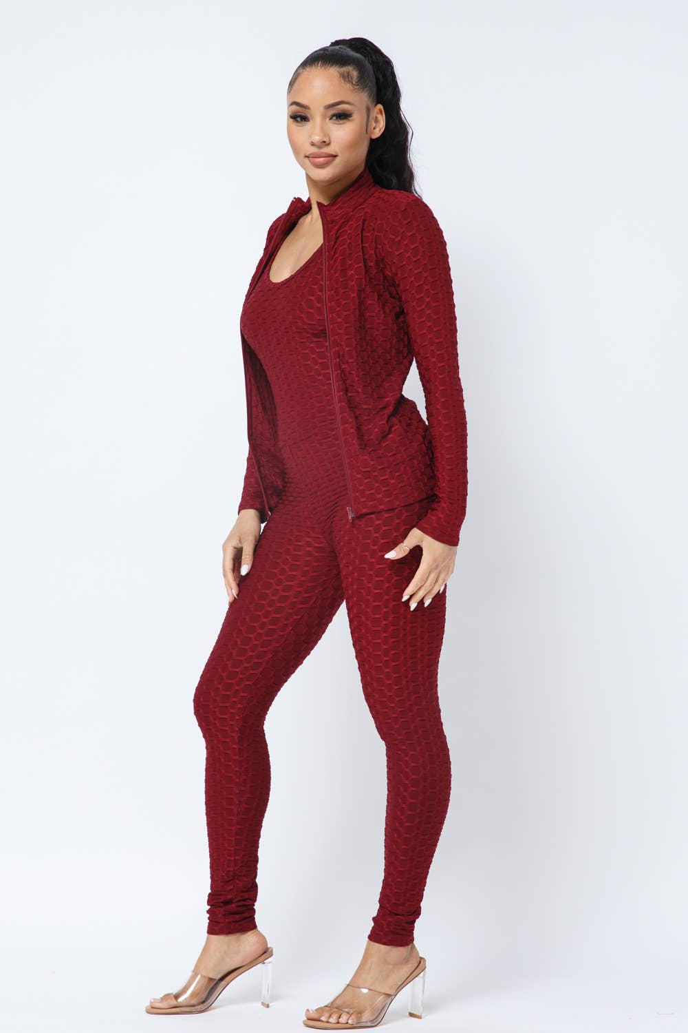 Honeycomb Cross Back Jumpsuit And Zipper Jacket Set