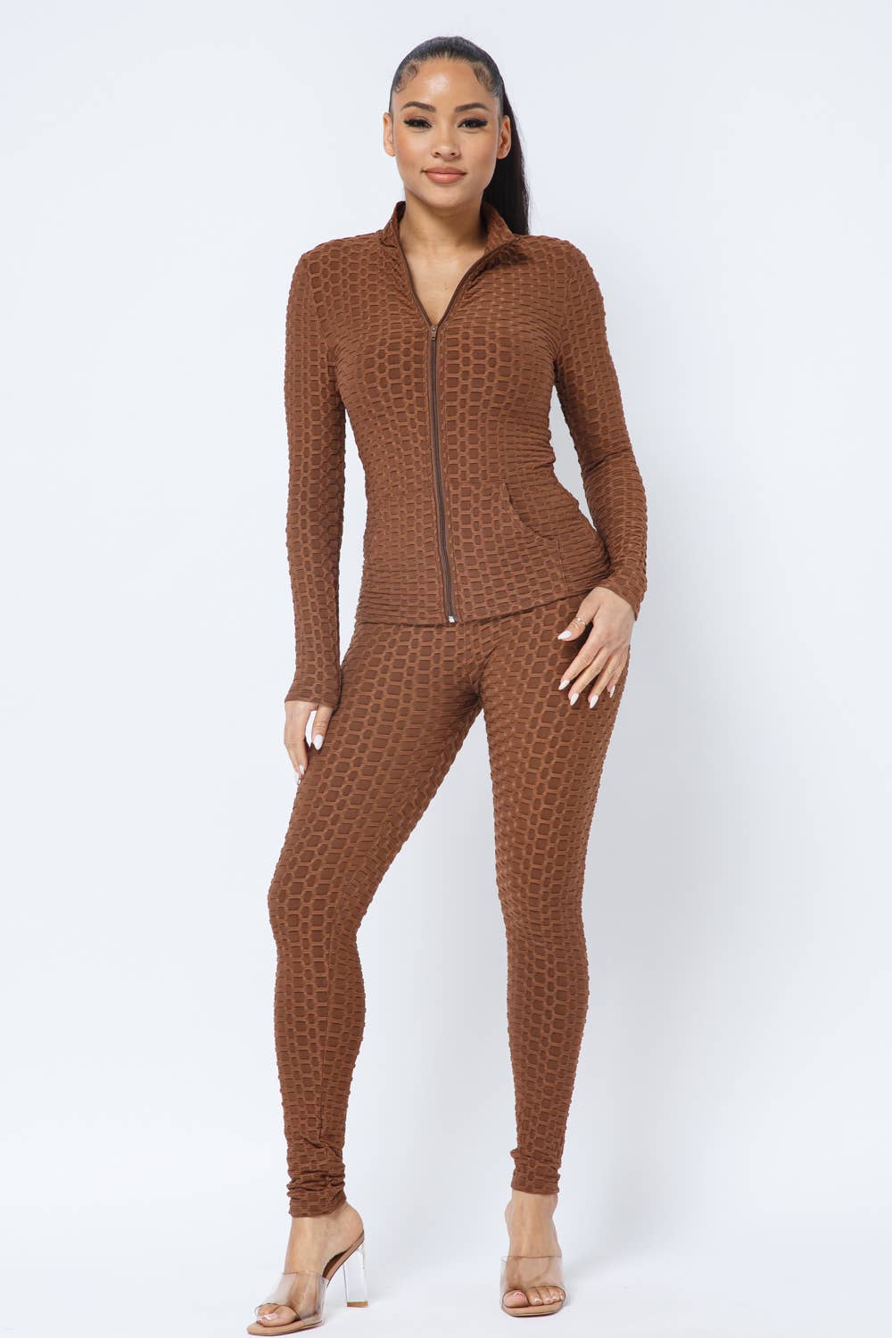 Honeycomb Zipper Side Pockets Jacket and Leggings Set