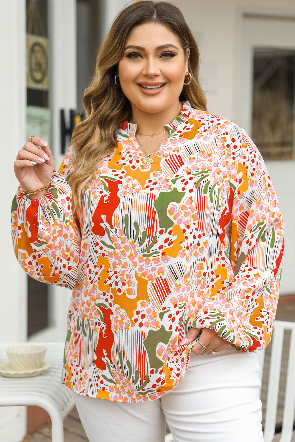 Orange Printed Floral Abstract Print Frilled V Neck Plus Size Blouse