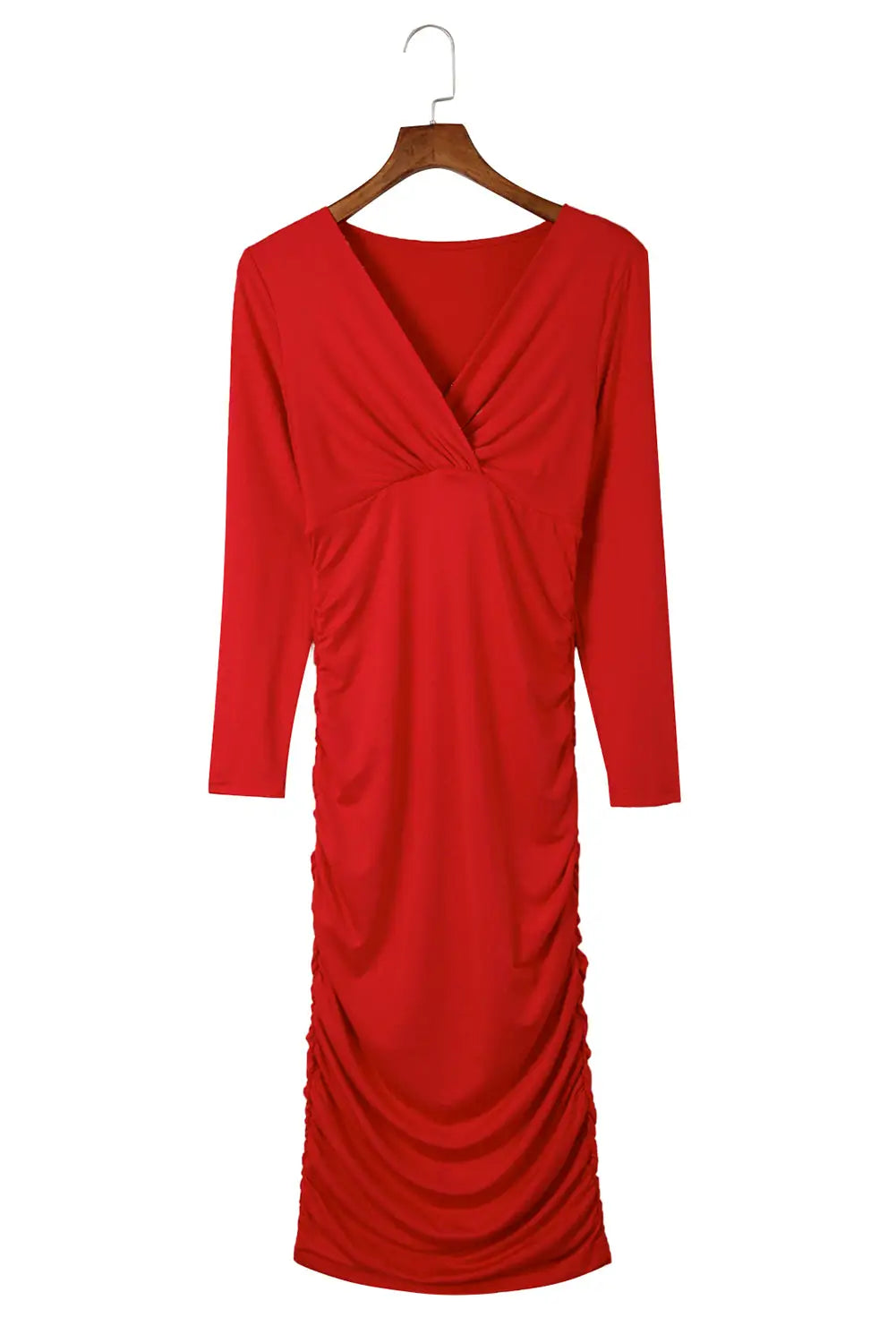 Fiery Red Long Sleeves Wrap V Neck Ruched Sheath Bodycon Dress-14