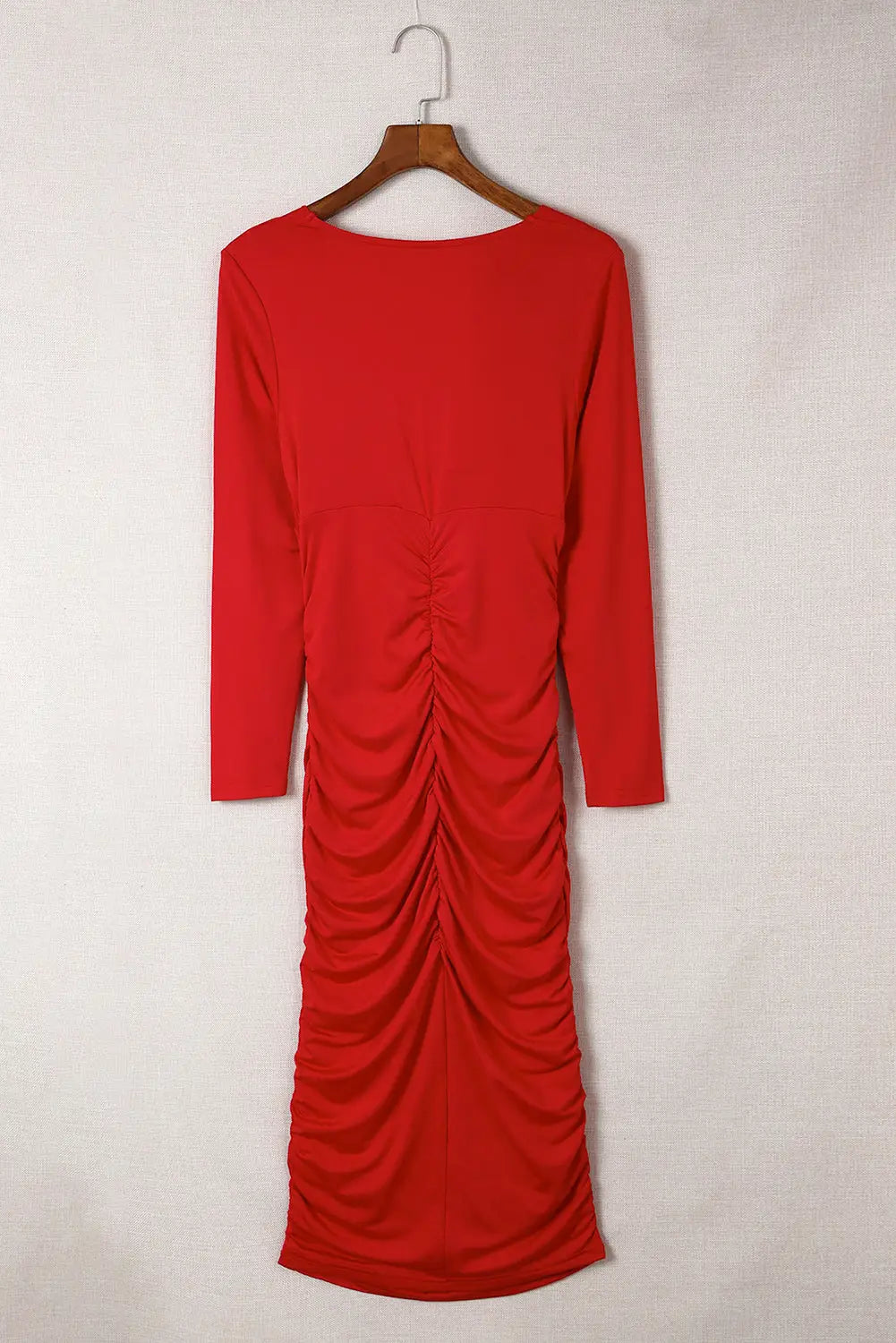 Fiery Red Long Sleeves Wrap V Neck Ruched Sheath Bodycon Dress-7