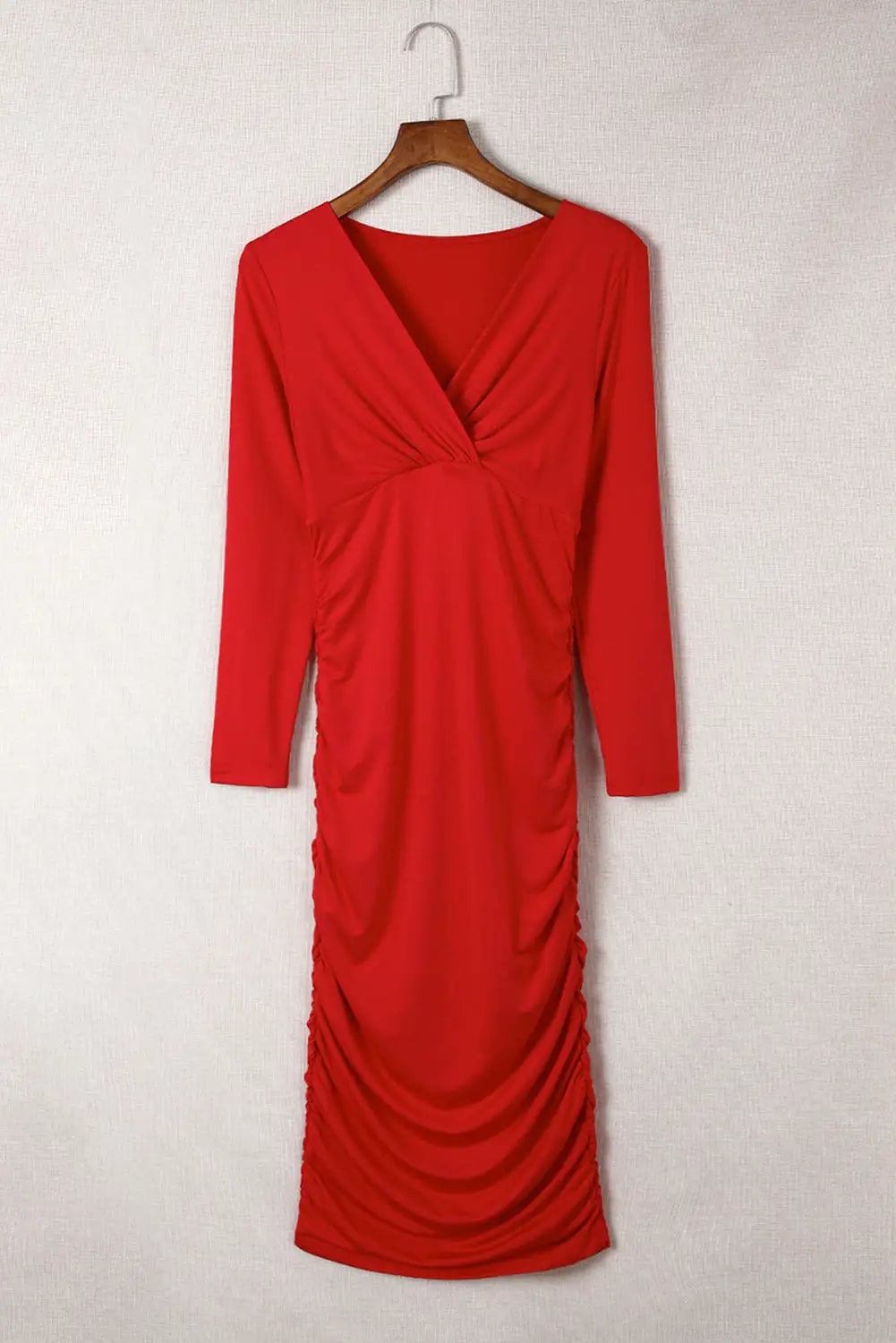 Fiery Red Long Sleeves Wrap V Neck Ruched Sheath Bodycon Dress-6