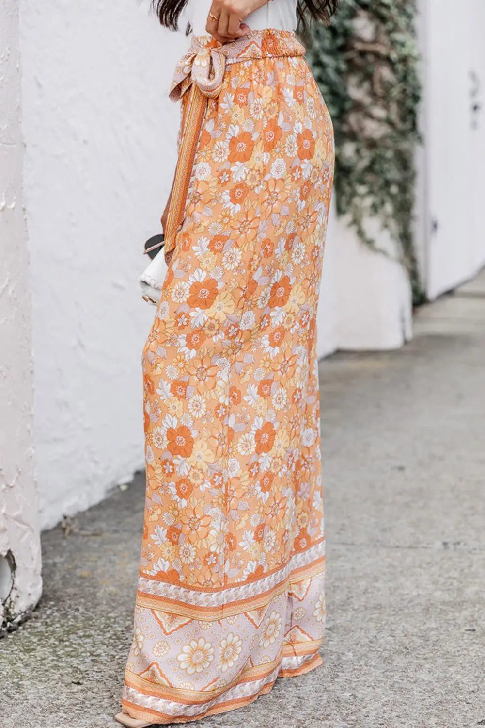 Grapefruit Orange Tie Waist Boho Floral Wide Leg Pants-2