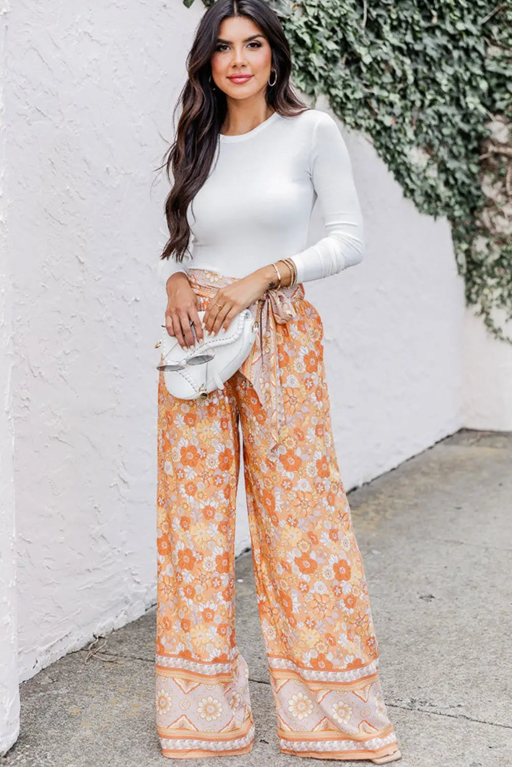 Grapefruit Orange Tie Waist Boho Floral Wide Leg Pants-3