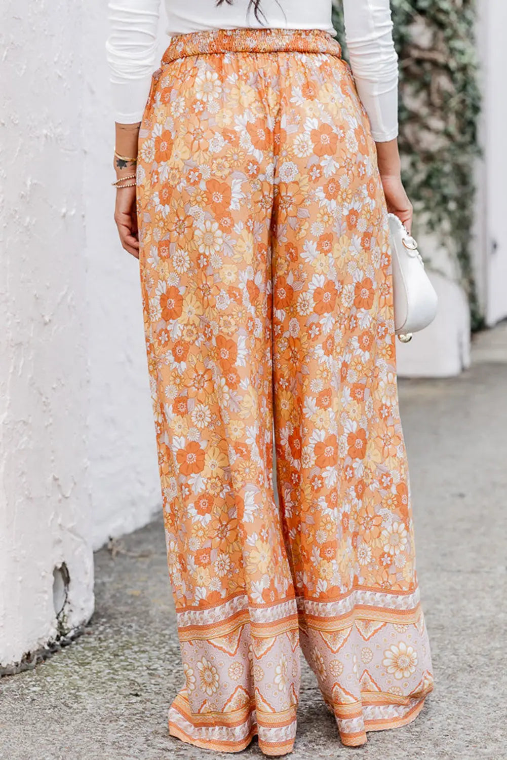 Grapefruit Orange Tie Waist Boho Floral Wide Leg Pants-1