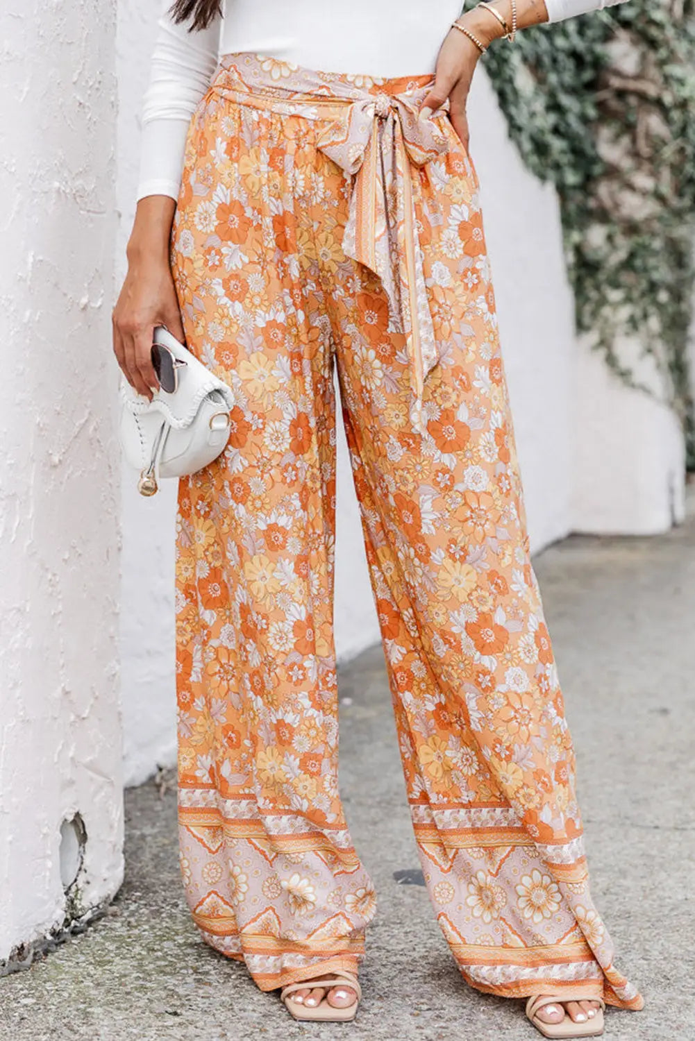 Grapefruit Orange Tie Waist Boho Floral Wide Leg Pants-0