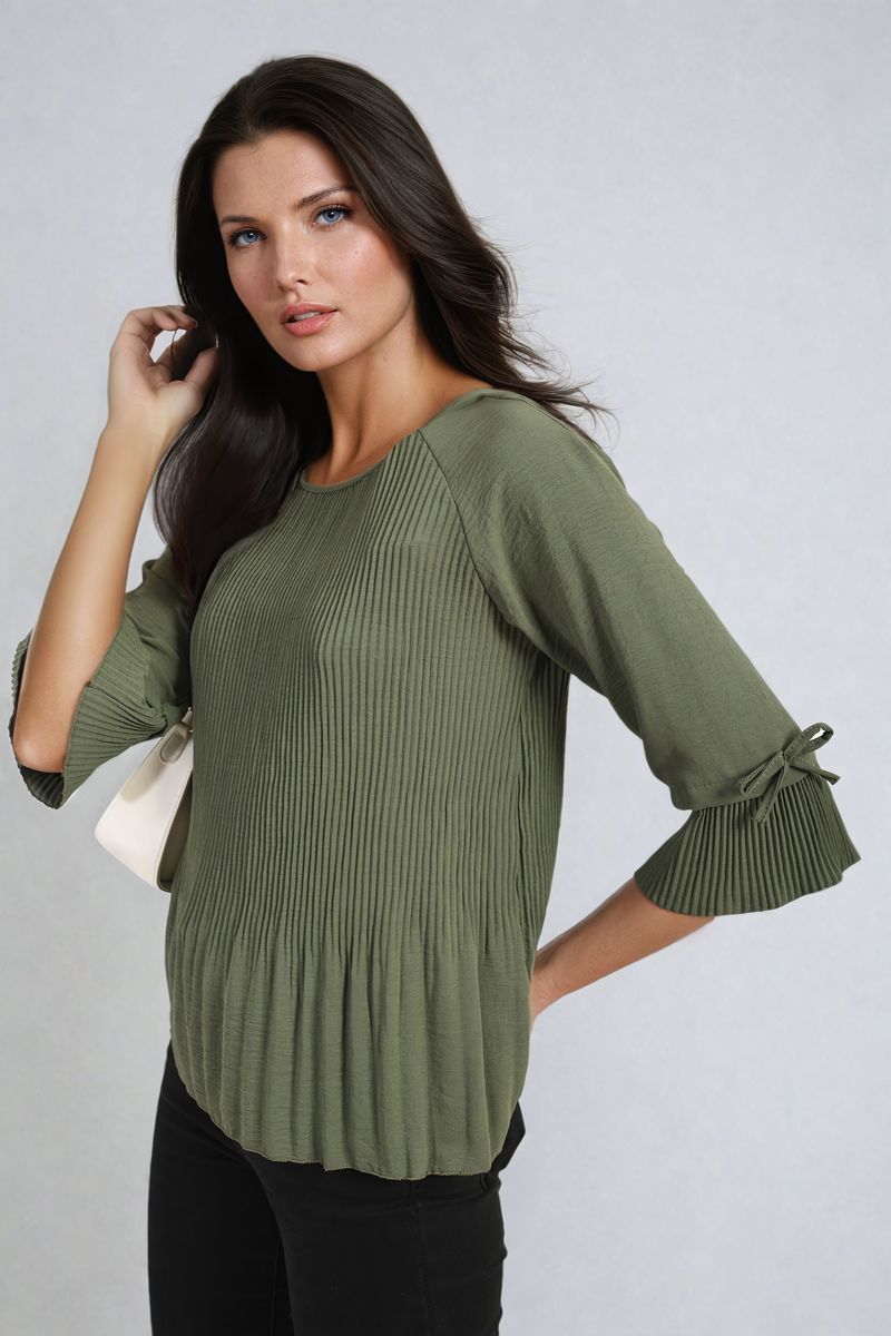 Plisse Pleated Short Bow Sleeve Top