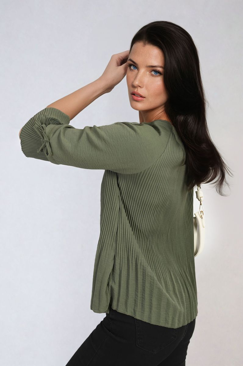 Plisse Pleated Short Bow Sleeve Top