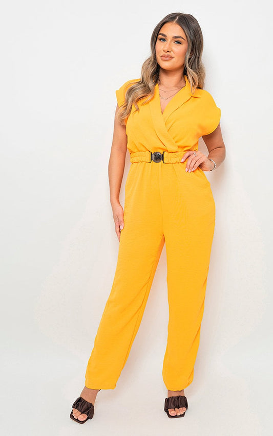 Short Sleeve Wrap Front Belted Jumpsuit-0