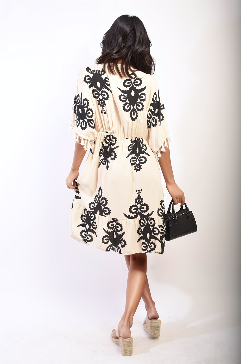 Printed V-Neck Short Sleeve Midi Dress with Tassel Detail-8