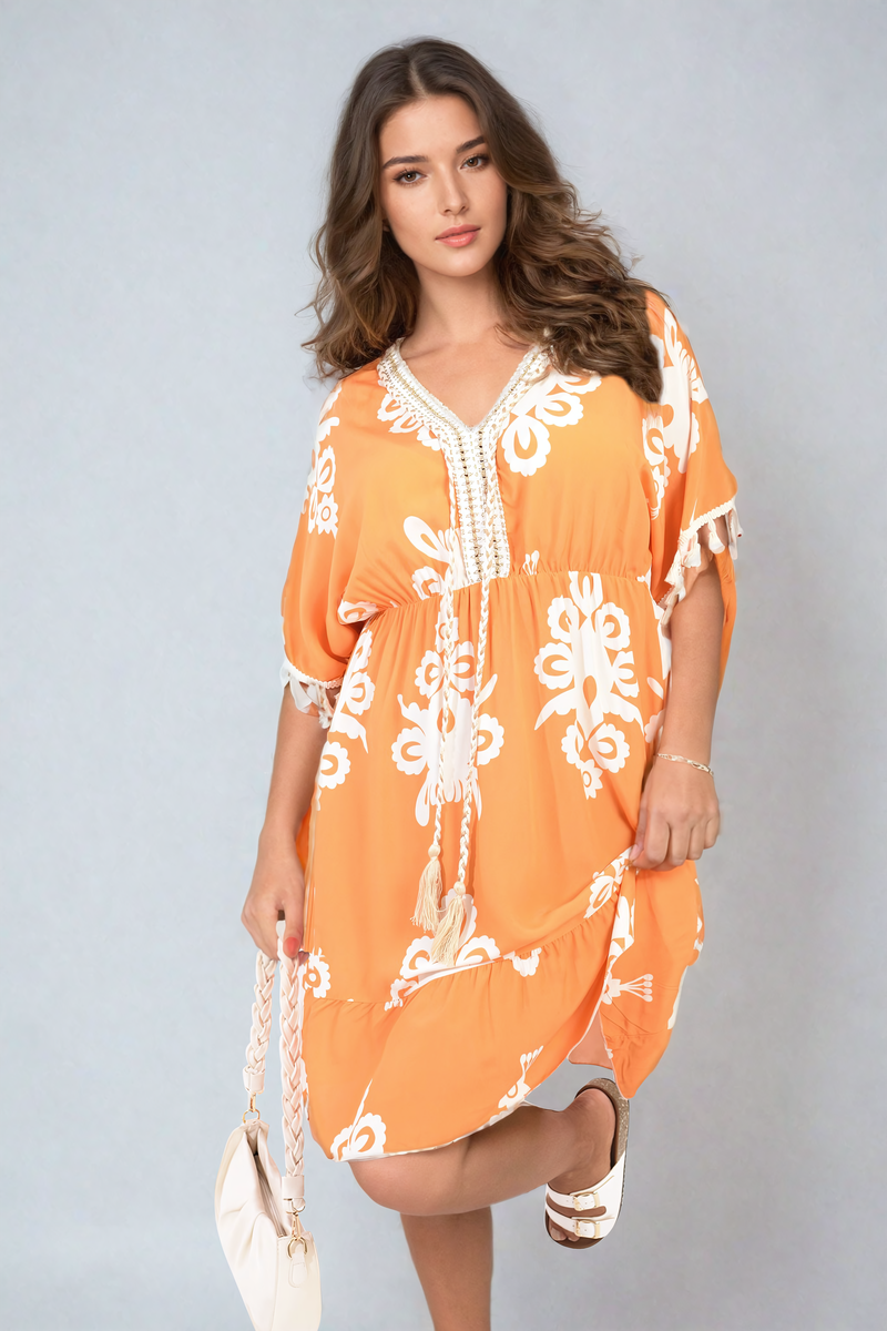 Printed V-Neck Short Sleeve Midi Dress with Tassel Detail-1