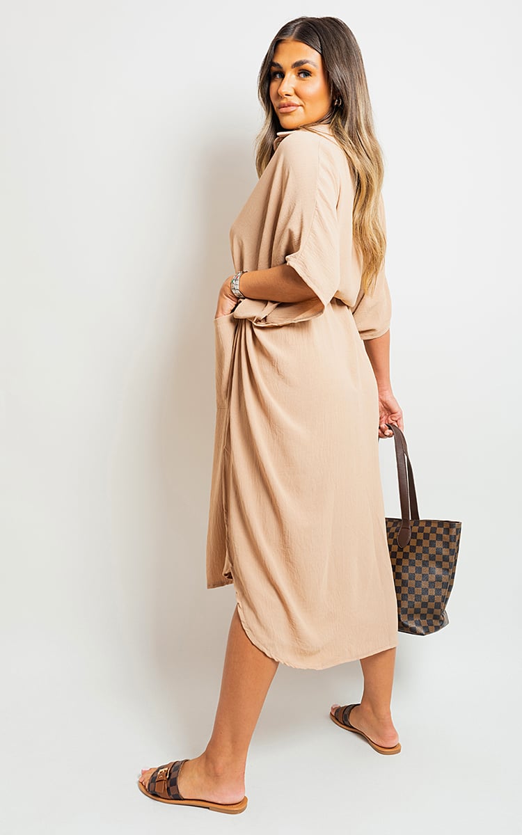 Button Down Collared Midi Dress with Two Front Pockets-2