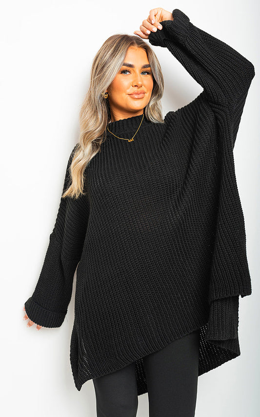 High Neck Oversized Long Sleeve Knitted Jumper-0