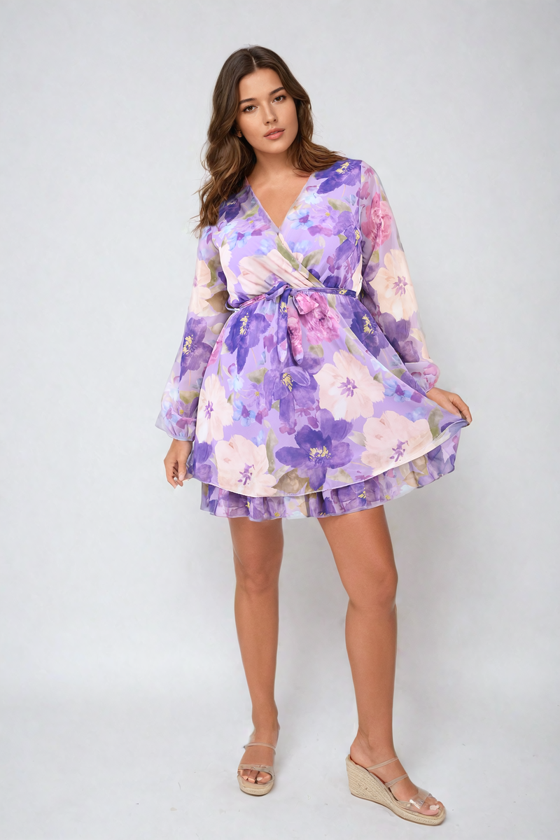 Floral Tie Front Tiered Mini Dress-3