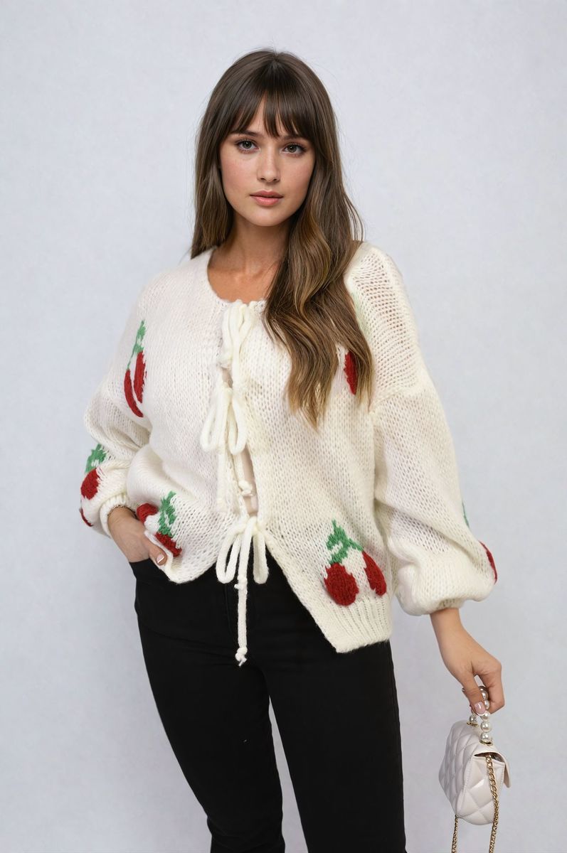 Tie Front Cherry Print Knitted Cardigan