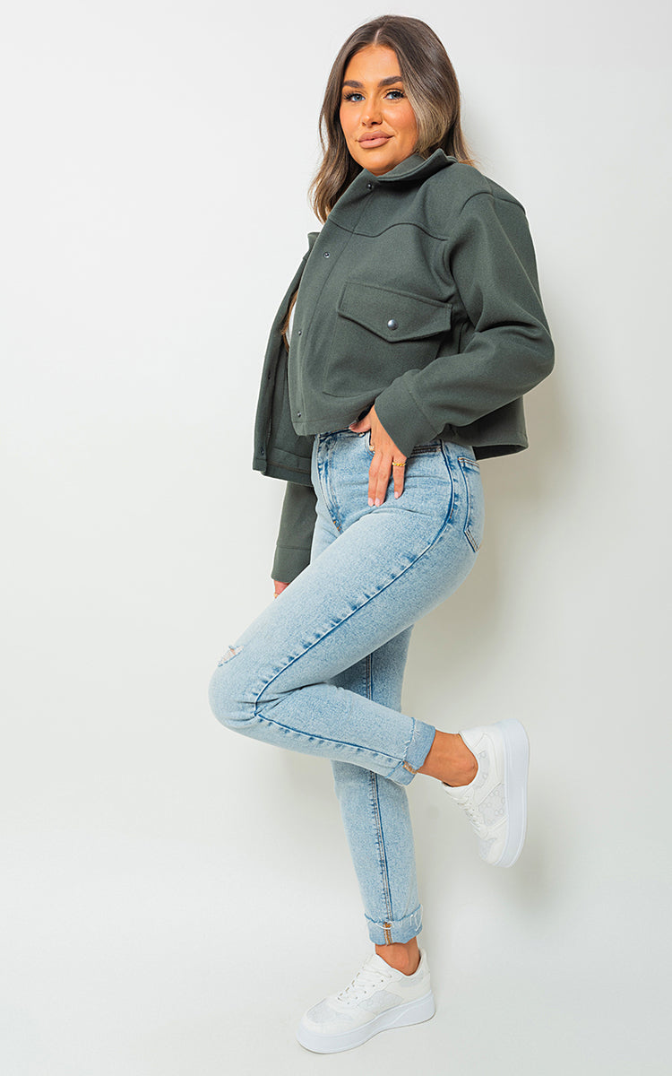 Cropped Long Sleeve Collared Jacket with Pockets-6