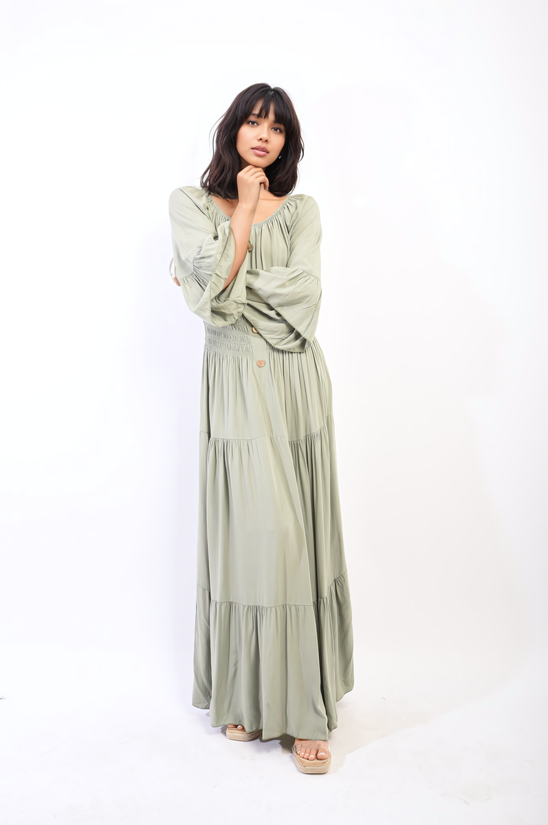 Ruffle Hem Sleeve Shirred Waist Tiered Maxi Dress-7