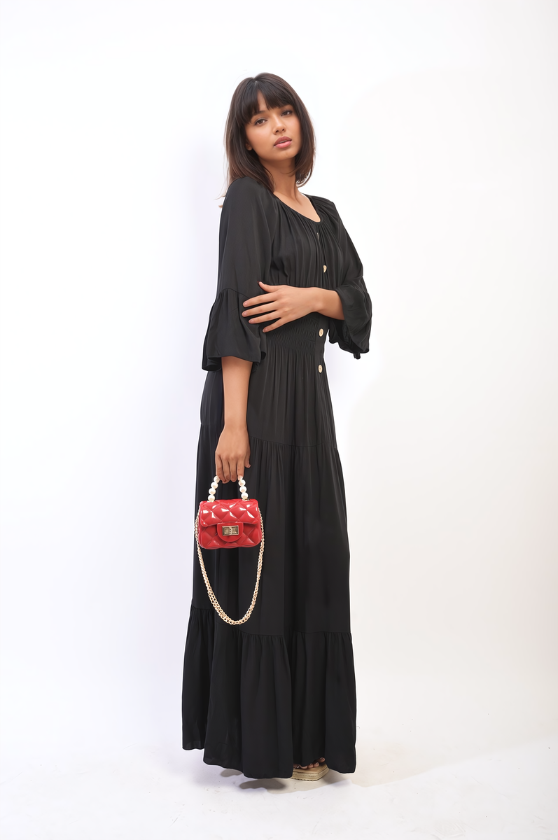 Ruffle Hem Sleeve Shirred Waist Tiered Maxi Dress-2