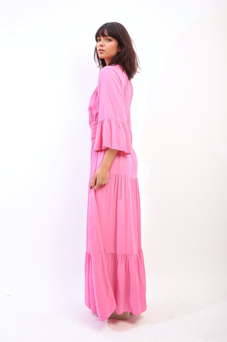 Ruffle Hem Sleeve Shirred Waist Tiered Maxi Dress-1