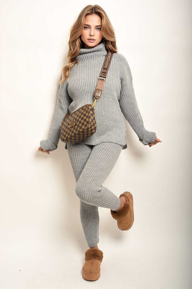 Chunky Knitted High Roll Neck Top Bottom Co-ord Set-3