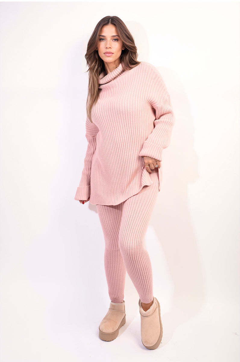 Chunky Knitted High Roll Neck Top Bottom Co-ord Set-0