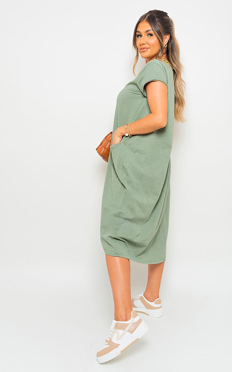 Front Pockets Short Sleeve Midi Dress-1