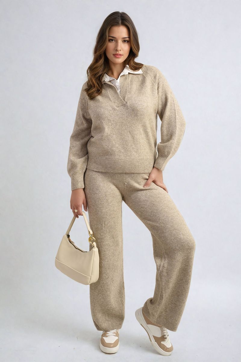 Long Sleeve Knitted Collar Top and Wide Leg Pants Co-ord Set