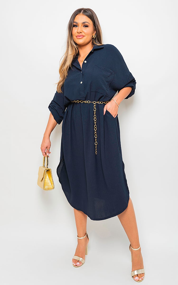 Button Down Pull Up Sleeve Midi Dress with Front Pocket-8