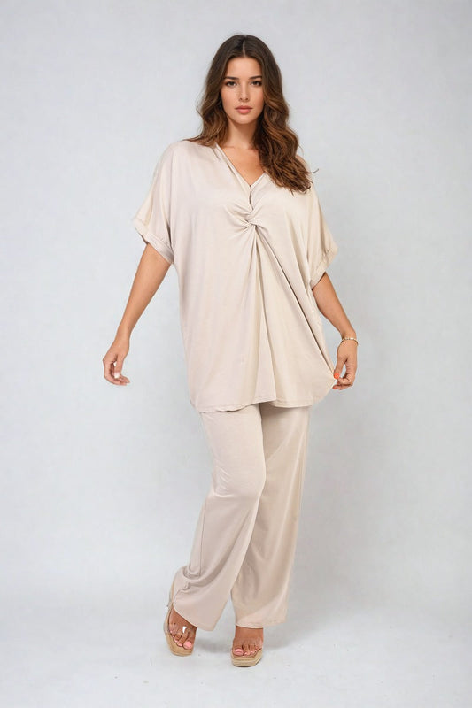 Twist Front Plunge Neckline Top and Trouser Co-ord Set-0