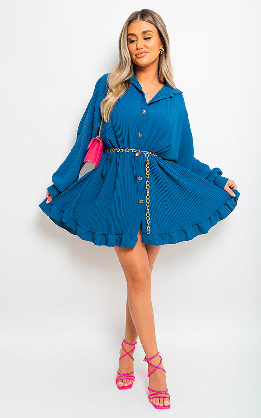 Long Sleeve Pleated Button Up Mini Dress-0