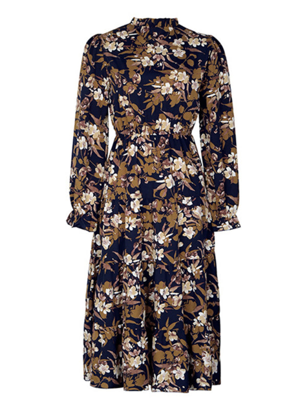 Women's new V-neck waist long-sleeved printed dress