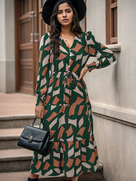 Women's New Long Sleeve Geometric Print V-Neck Midi Dress