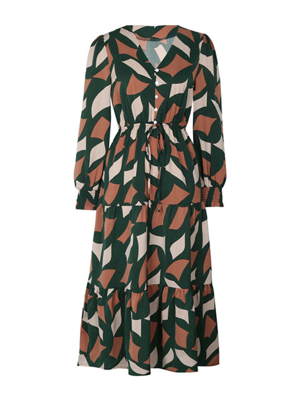 Women's New Long Sleeve Geometric Print V-Neck Midi Dress