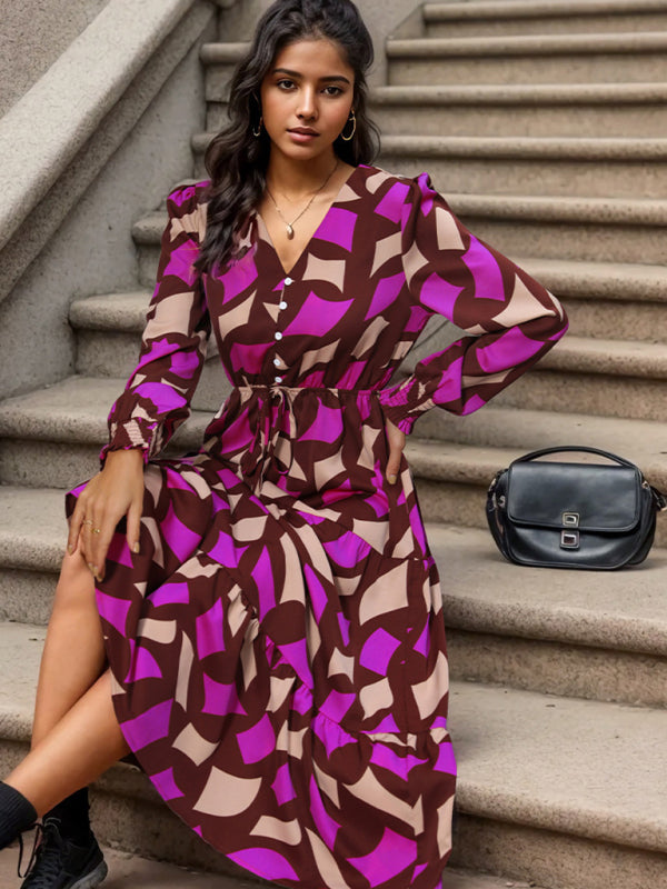 Women's New Long Sleeve Geometric Print V-Neck Midi Dress