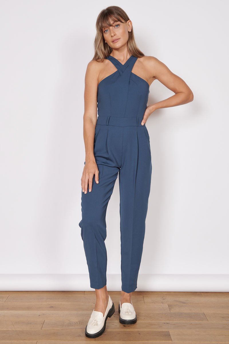 Renee Navy High Cross Neck Tailored Jumpsuit-0