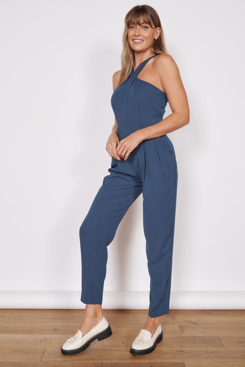 Renee Navy High Cross Neck Tailored Jumpsuit-1