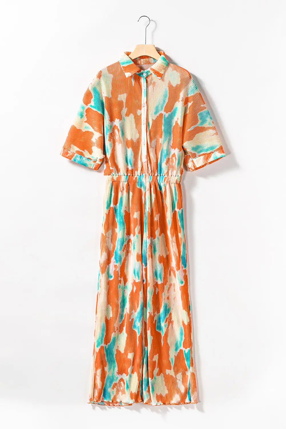 Multicolor Bohemian Tie Dye Pleated Shirt Collar Loose Jumpsuit-8